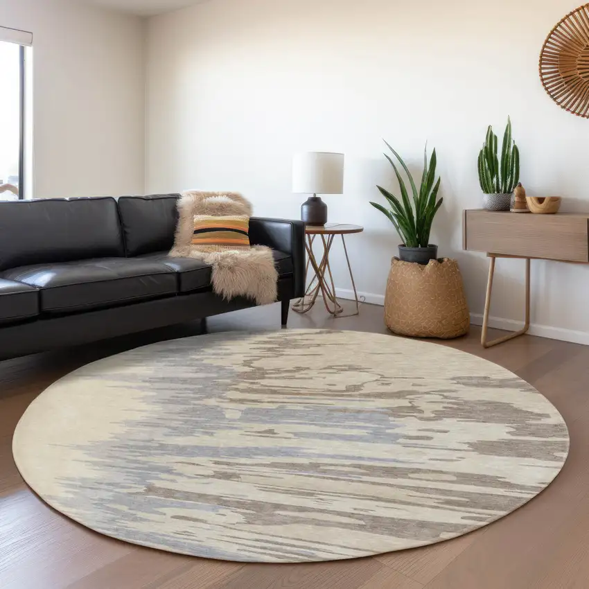 8' Beige Silver And Gray Abstract Washable Round Rug With UV Protection Photo 4