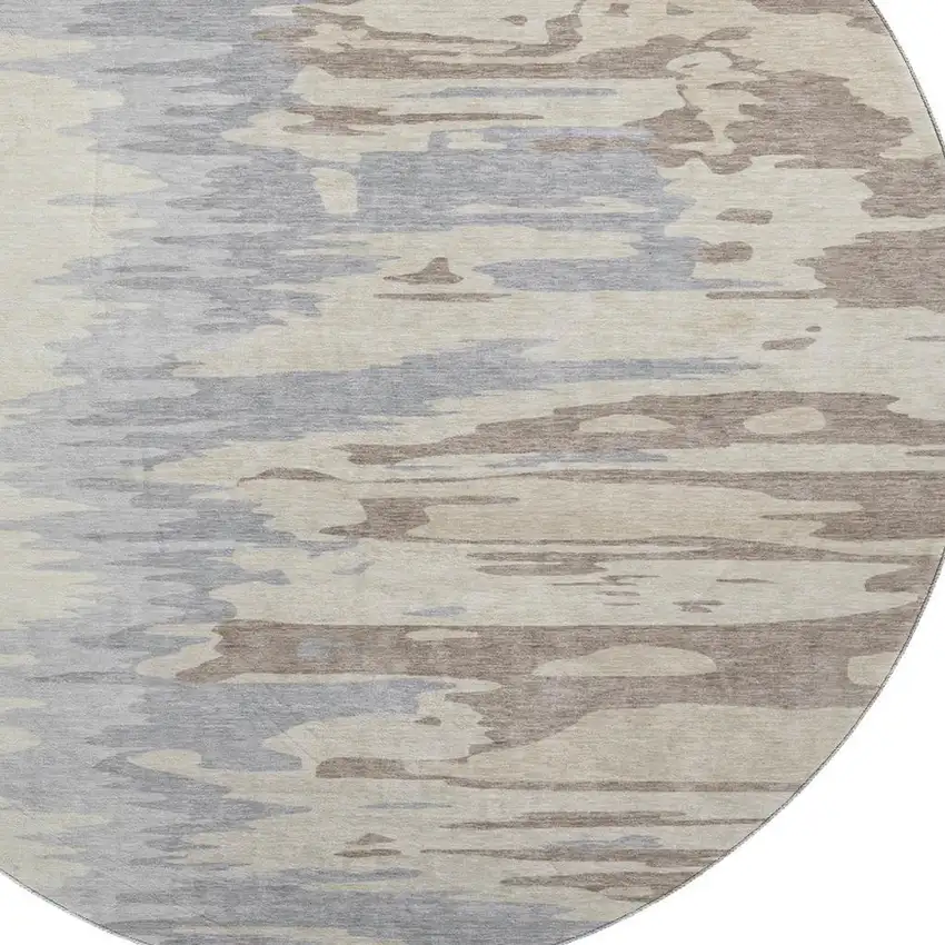 8' Beige Silver And Gray Abstract Washable Round Rug With UV Protection Photo 2