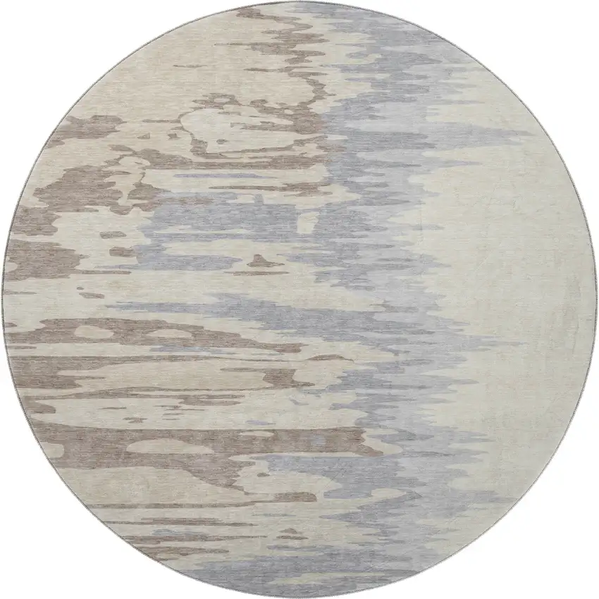 8' Beige Silver And Gray Abstract Washable Round Rug With UV Protection Photo 3