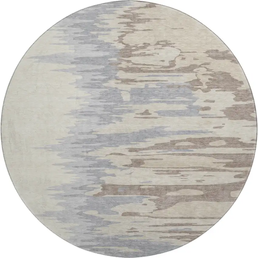 8' Beige Silver And Gray Abstract Washable Round Rug With UV Protection Photo 1
