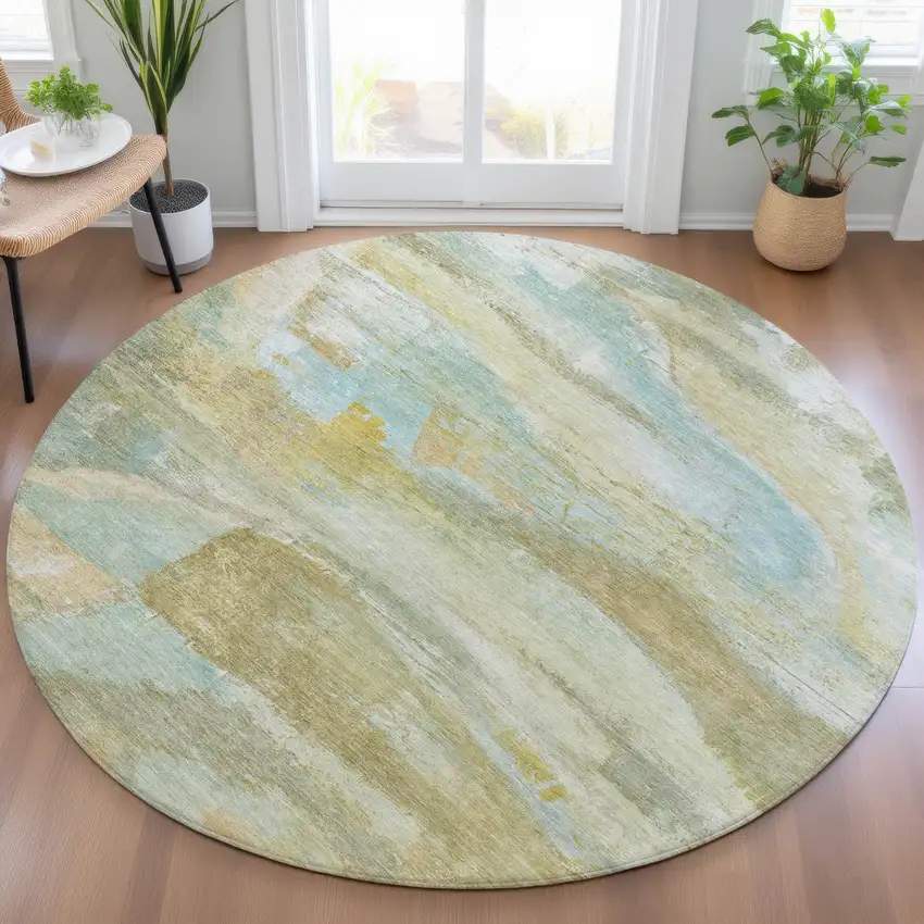 8' Beige Sky Blue And Ivory Round Abstract Washable Indoor Outdoor Area Rug Photo 7