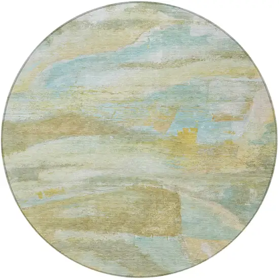 8' Beige Sky Blue And Ivory Round Abstract Washable Indoor Outdoor Area Rug Photo 3