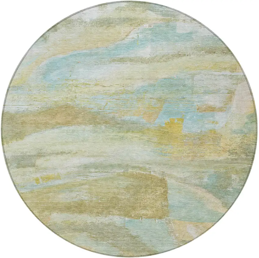 8' Beige Sky Blue And Ivory Round Abstract Washable Indoor Outdoor Area Rug Photo 3