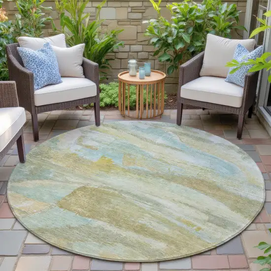 8' Beige Sky Blue And Ivory Round Abstract Washable Indoor Outdoor Area Rug Photo 6