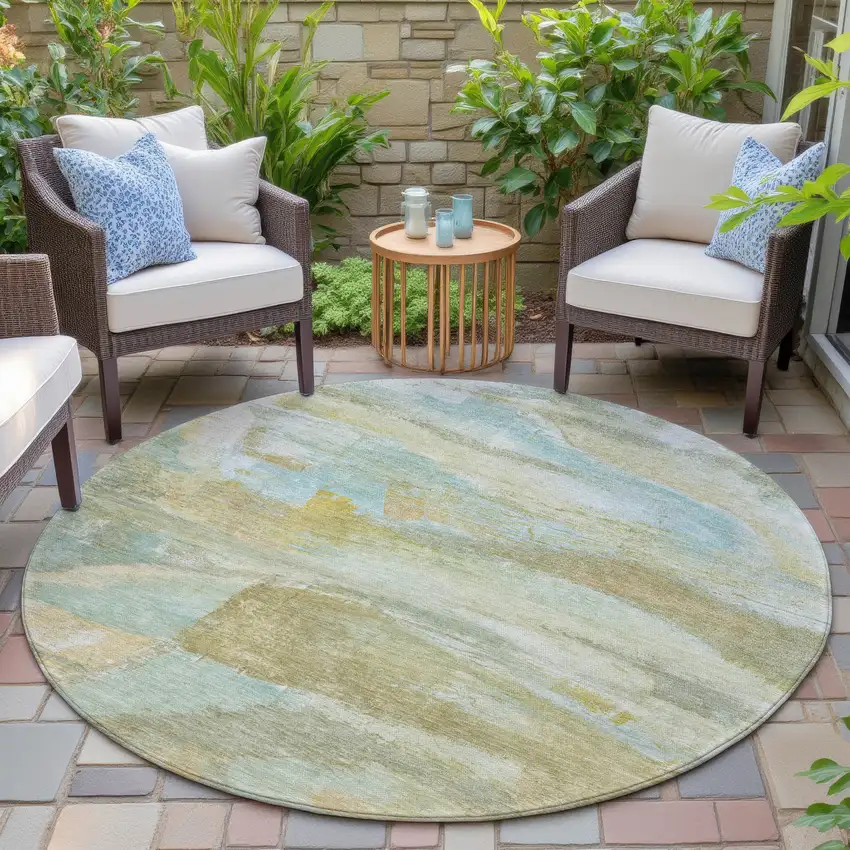 8' Beige Sky Blue And Ivory Round Abstract Washable Indoor Outdoor Area Rug Photo 6