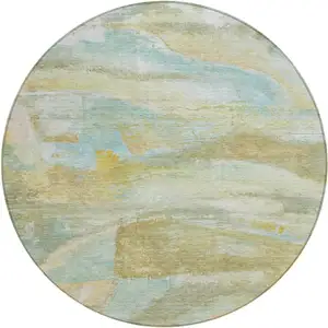 Photo of 8' Beige Sky Blue And Ivory Round Abstract Washable Indoor Outdoor Area Rug