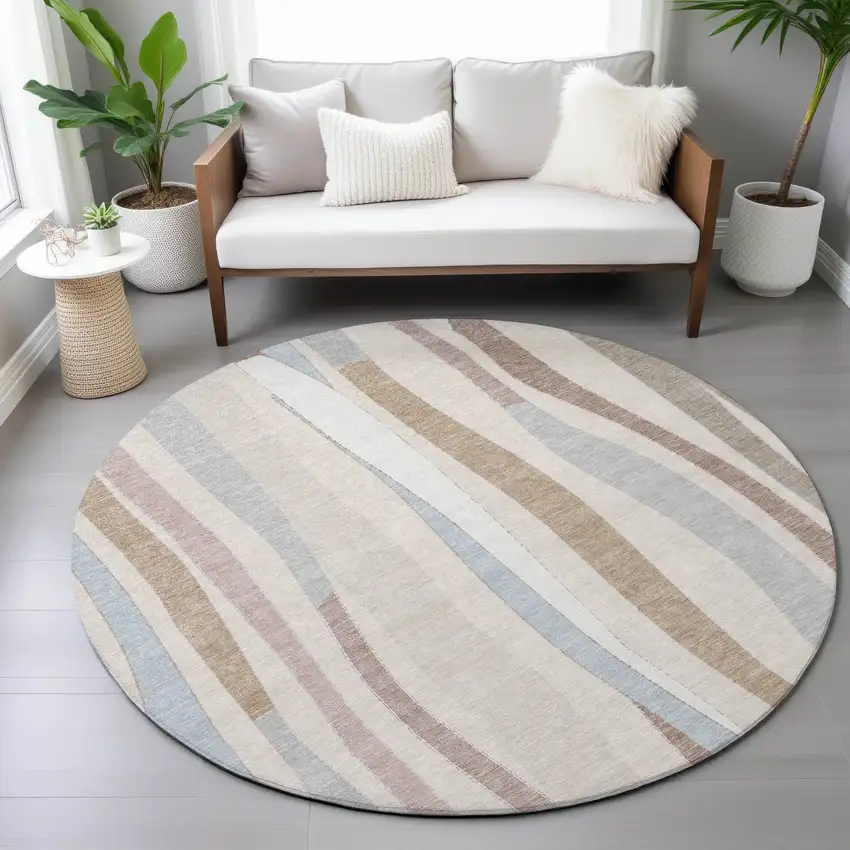 8' Beige Sky Blue And Taupe Round Striped Washable Indoor Outdoor Area Rug Photo 8