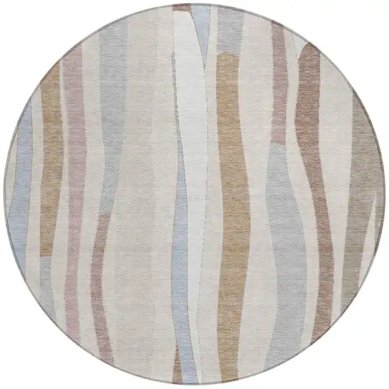 8' Beige Sky Blue And Taupe Round Striped Washable Indoor Outdoor Area Rug Photo 3