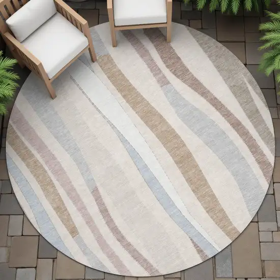8' Beige Sky Blue And Taupe Round Striped Washable Indoor Outdoor Area Rug Photo 6