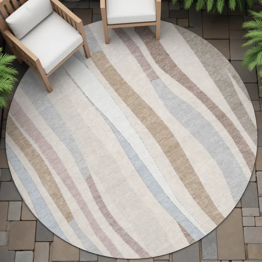 8' Beige Sky Blue And Taupe Round Striped Washable Indoor Outdoor Area Rug Photo 6