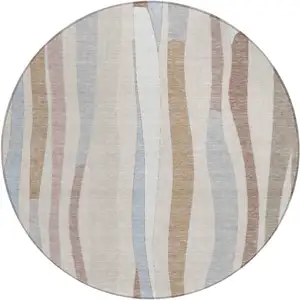 Photo of 8' Beige Sky Blue And Taupe Round Striped Washable Indoor Outdoor Area Rug