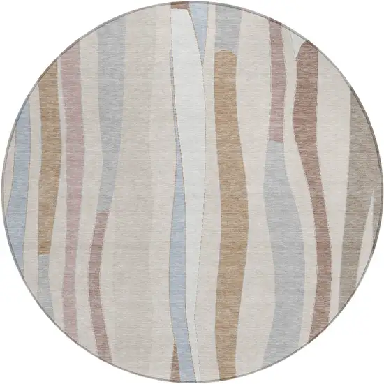 8' Beige Sky Blue And Taupe Round Striped Washable Indoor Outdoor Area Rug Photo 1
