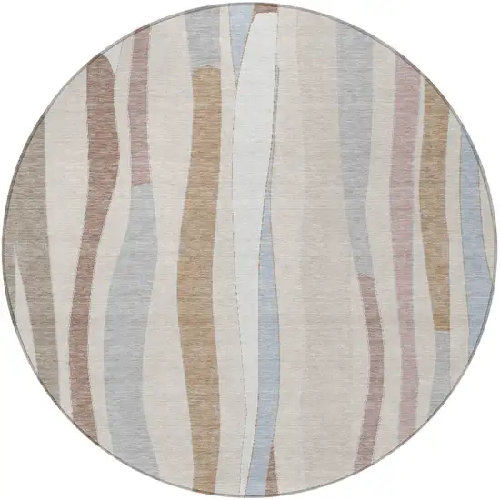 8' Beige Sky Blue And Taupe Round Striped Washable Indoor Outdoor Area Rug Photo 4
