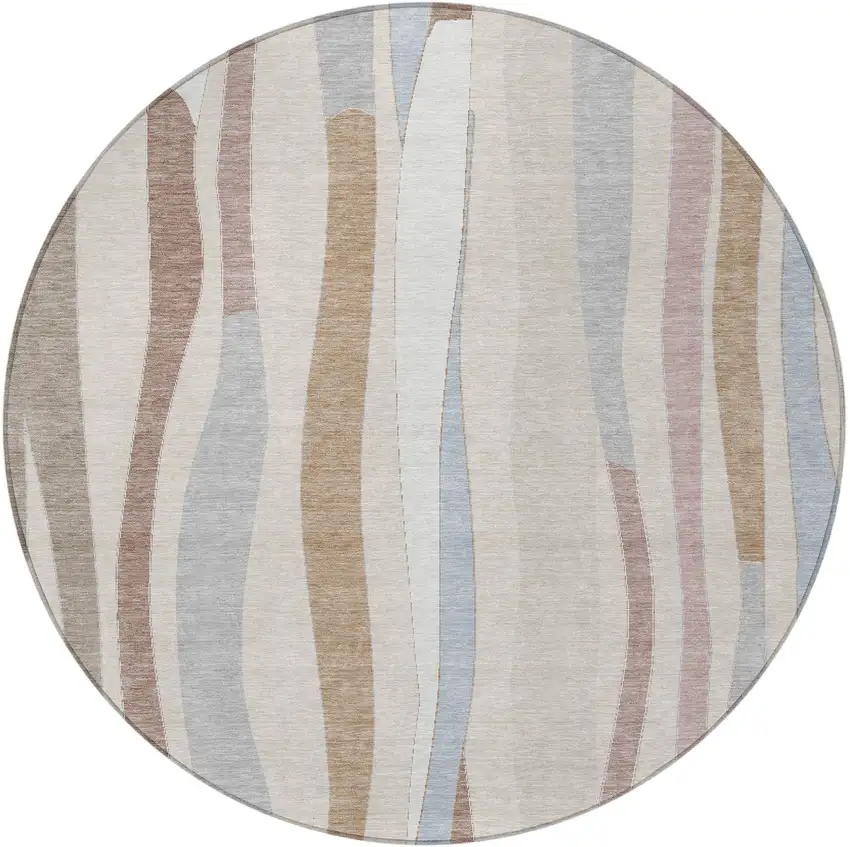 8' Beige Sky Blue And Taupe Round Striped Washable Indoor Outdoor Area Rug Photo 4