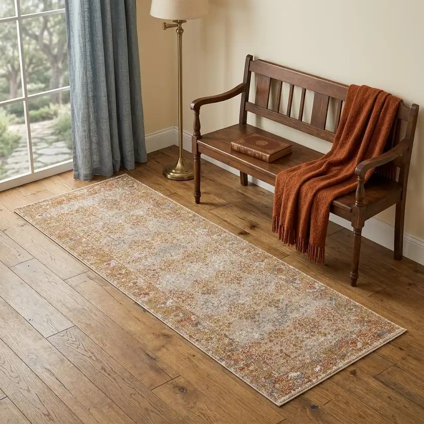 7' Beige Orange And Teal Southwestern Runner Rug Photo 1