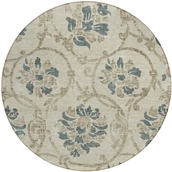 8' Beige Tan And Blue Round Floral Washable Indoor Outdoor Area Rug Photo 1