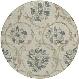 Photo of 8' Beige Tan And Blue Round Floral Washable Indoor Outdoor Area Rug