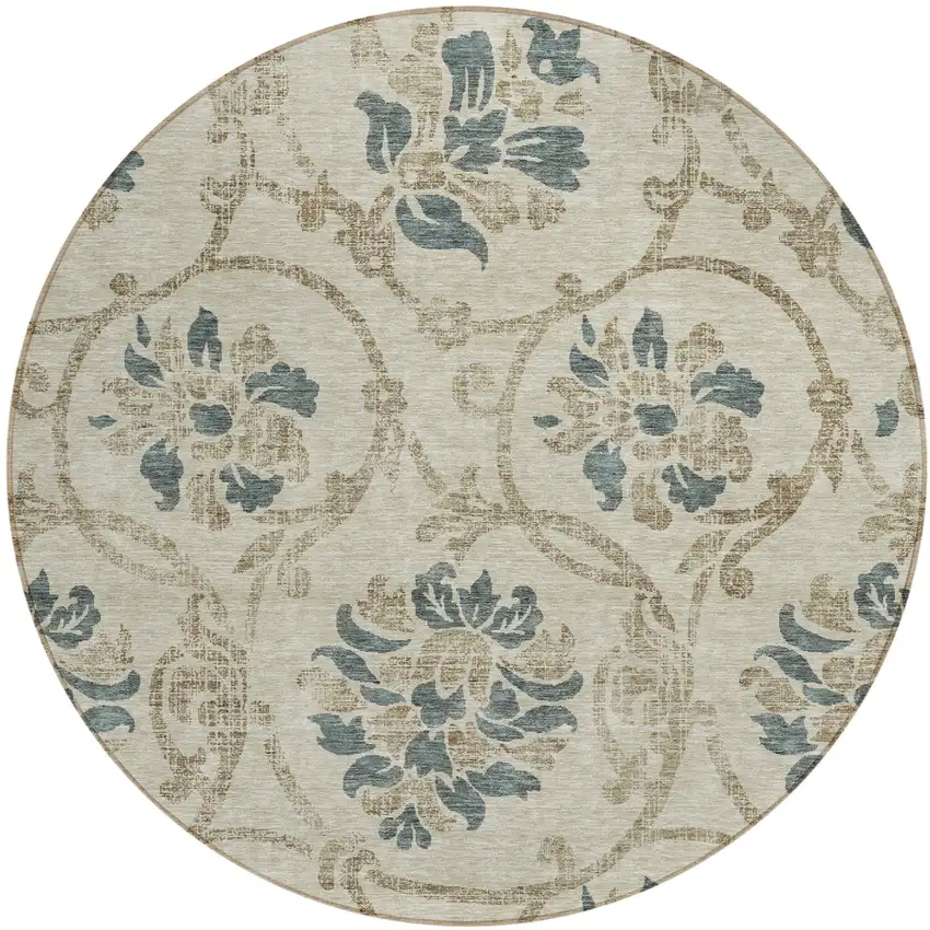 8' Beige Tan And Blue Round Floral Washable Indoor Outdoor Area Rug Photo 1