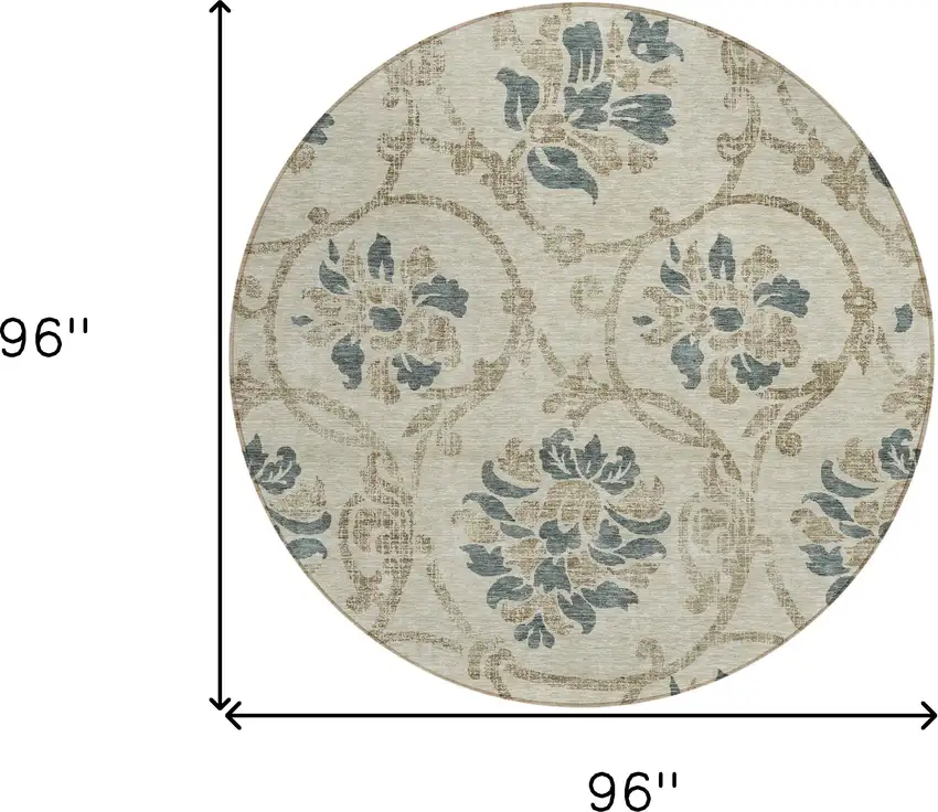 8' Beige Tan And Blue Round Floral Washable Indoor Outdoor Area Rug Photo 8