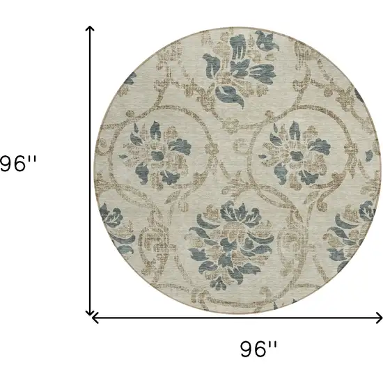 8' Beige Tan And Blue Round Floral Washable Indoor Outdoor Area Rug Photo 8
