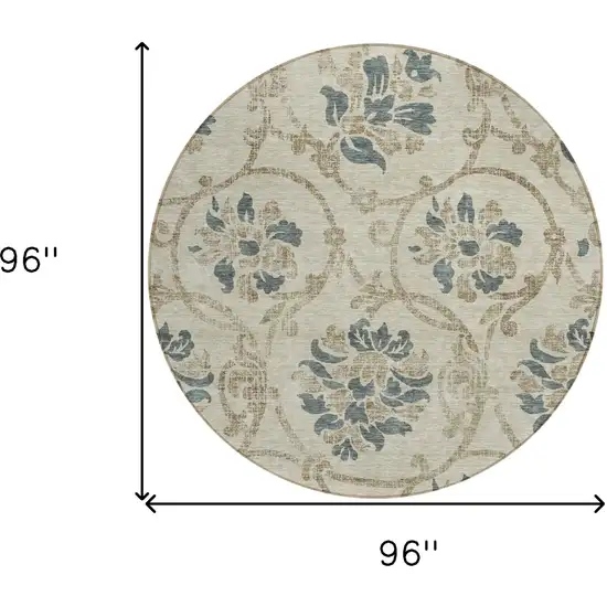 8' Beige Tan And Blue Round Floral Washable Indoor Outdoor Area Rug Photo 8