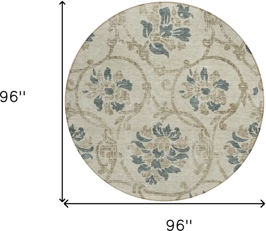 8' Beige Tan And Blue Round Floral Washable Indoor Outdoor Area Rug Photo 8