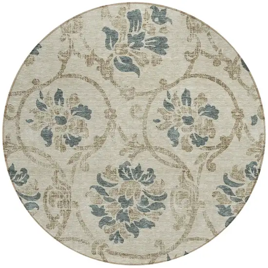 8' Beige Tan And Blue Round Floral Washable Indoor Outdoor Area Rug Photo 4