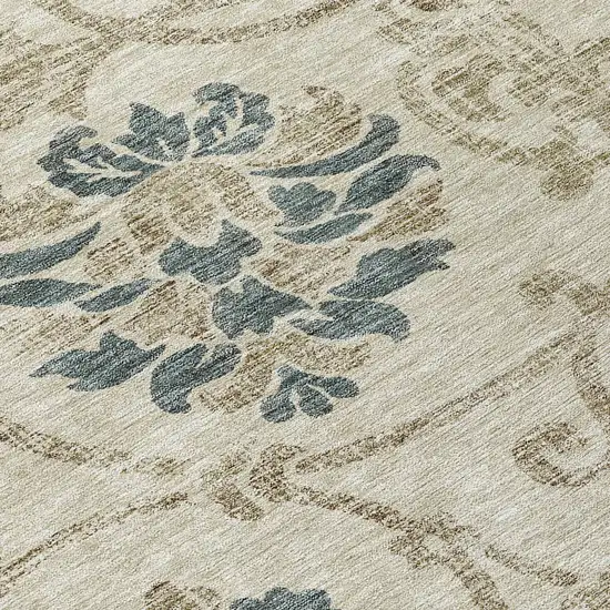 8' Beige Tan And Blue Round Floral Washable Indoor Outdoor Area Rug Photo 9