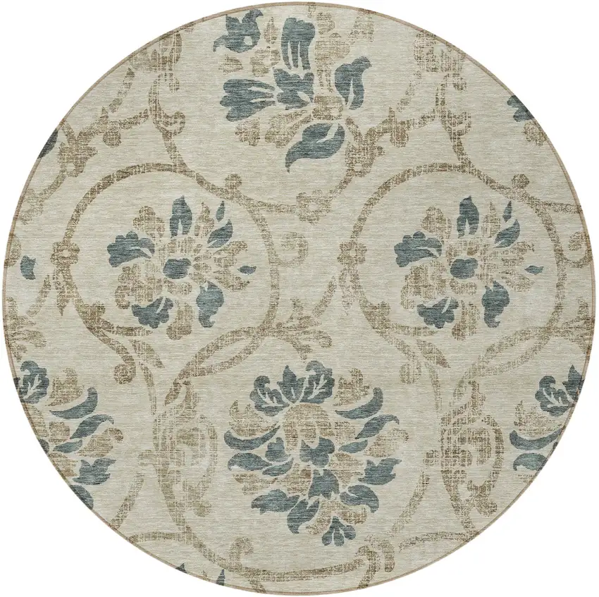 8' Beige Tan And Blue Round Floral Washable Indoor Outdoor Area Rug Photo 5