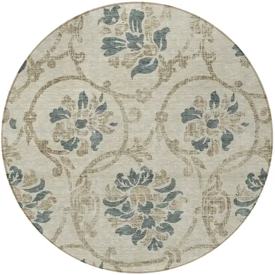 8' Beige Tan And Blue Round Floral Washable Indoor Outdoor Area Rug Photo 5