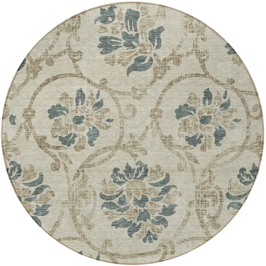 8' Beige Tan And Blue Round Floral Washable Indoor Outdoor Area Rug Photo 5