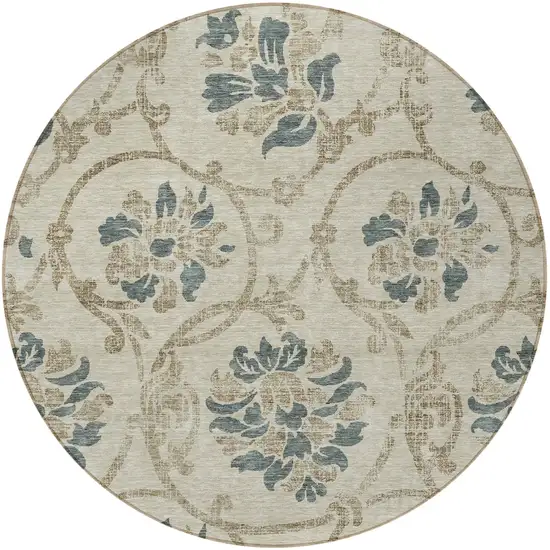 8' Beige Tan And Blue Round Floral Washable Indoor Outdoor Area Rug Photo 5
