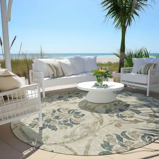 8' Beige Tan And Blue Round Floral Washable Indoor Outdoor Area Rug Photo 6