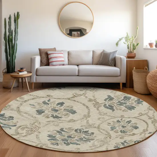 8' Beige Tan And Blue Round Floral Washable Indoor Outdoor Area Rug Photo 7