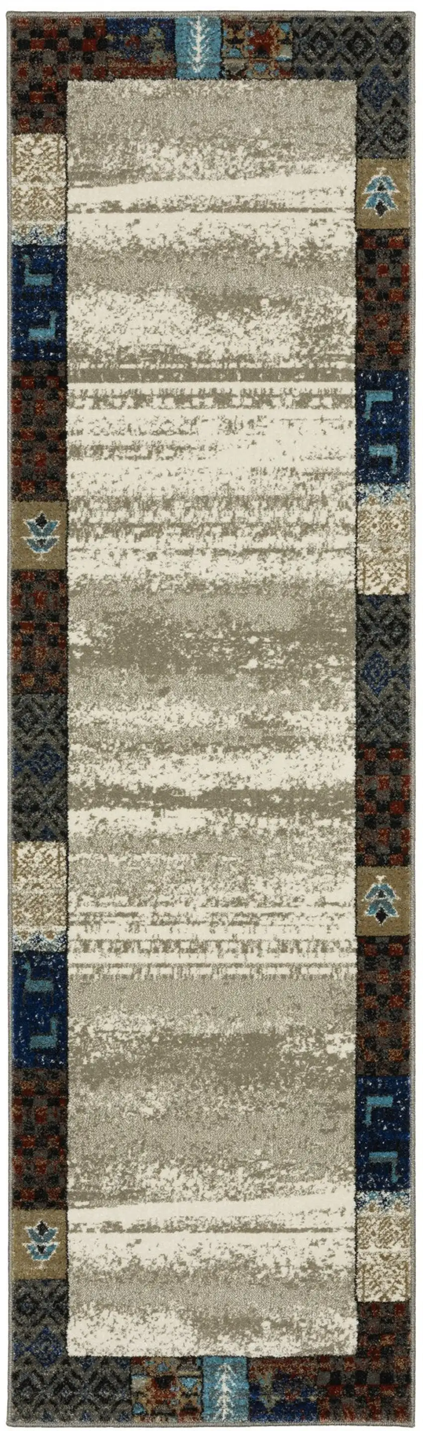 8' Beige Tan And Dark Blue Patchwork Runner Rug Photo 2
