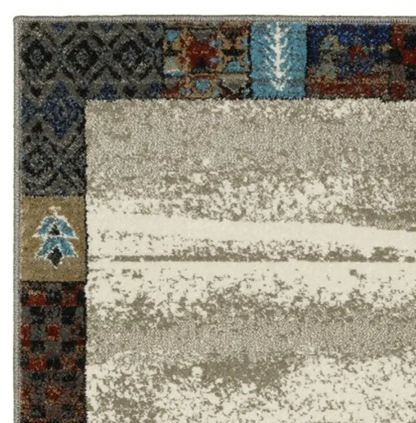 8' Beige Tan And Dark Blue Patchwork Runner Rug Photo 6