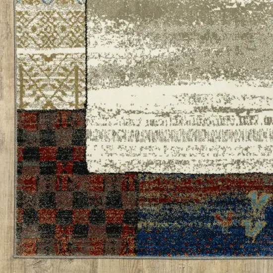 8' Beige Tan And Dark Blue Patchwork Runner Rug Photo 5