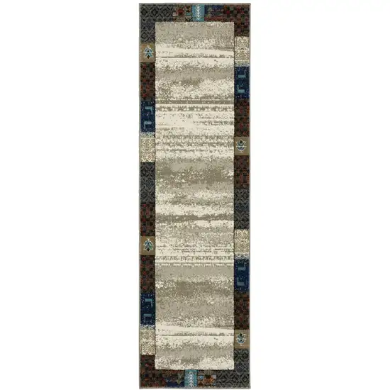 8' Beige Tan And Dark Blue Patchwork Runner Rug Photo 2