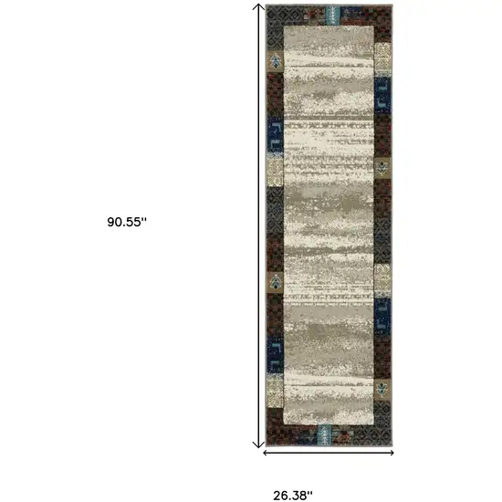 8' Beige Tan And Dark Blue Patchwork Runner Rug Photo 3