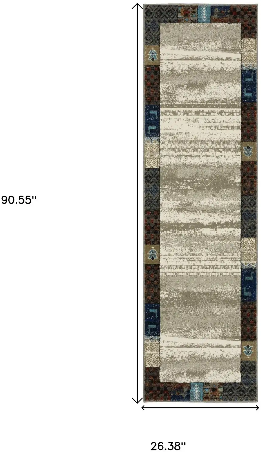 8' Beige Tan And Dark Blue Patchwork Runner Rug Photo 3