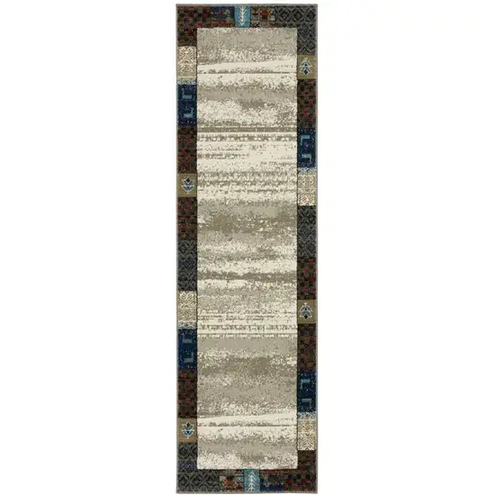 8' Beige Tan And Dark Blue Patchwork Runner Rug Photo 4