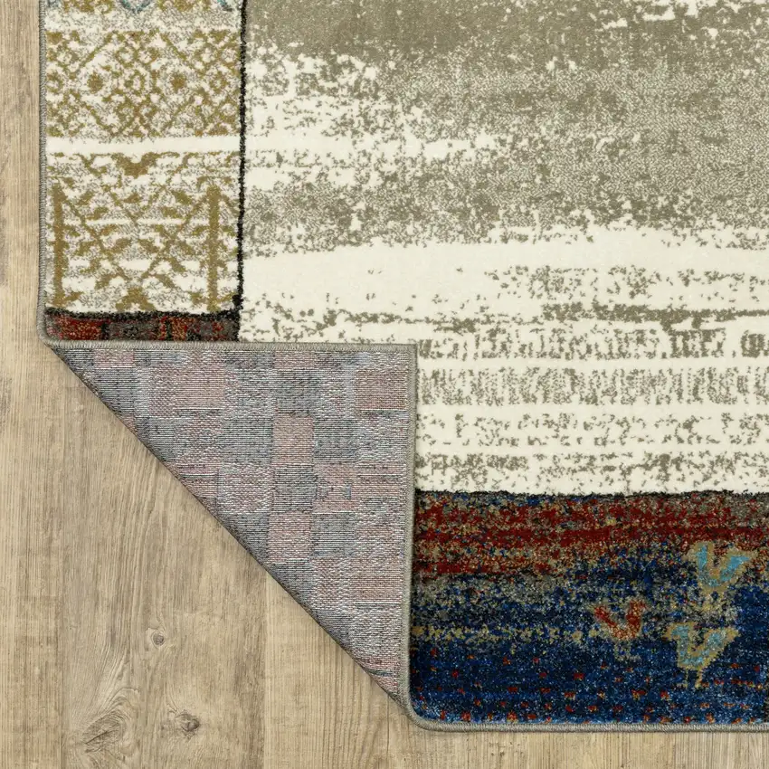 8' Beige Tan And Dark Blue Patchwork Runner Rug Photo 8