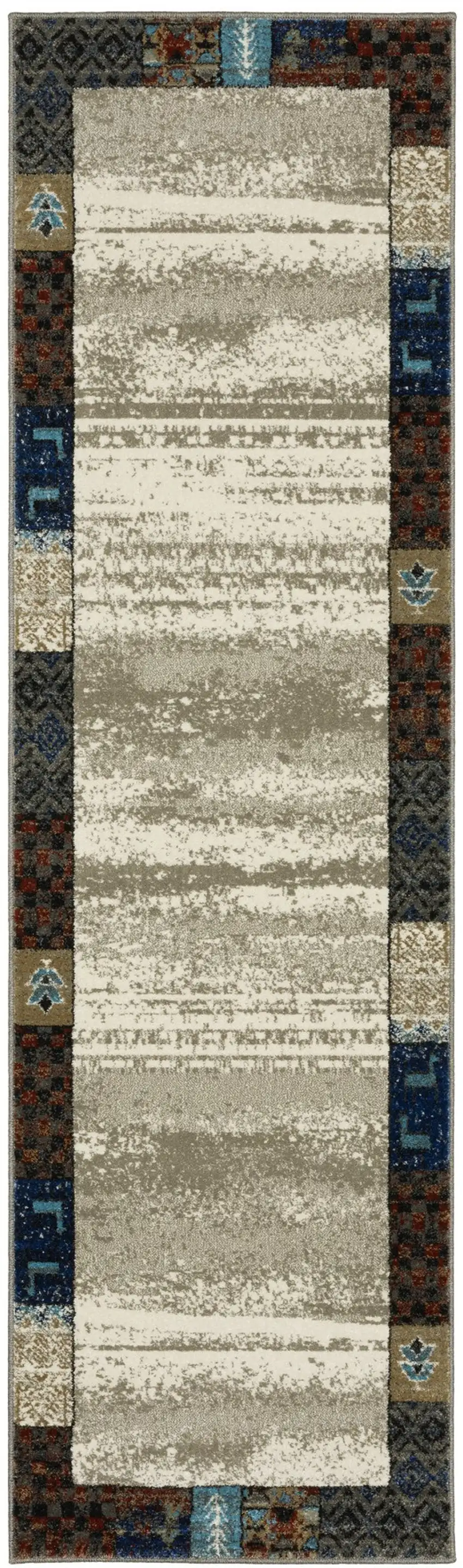 8' Beige Tan And Dark Blue Patchwork Runner Rug Photo 1