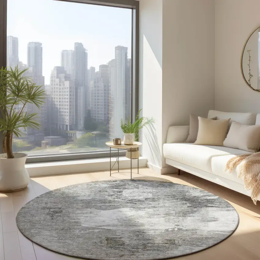 8' Beige Tan And Gray Round Abstract Washable Indoor Outdoor Area Rug Photo 5