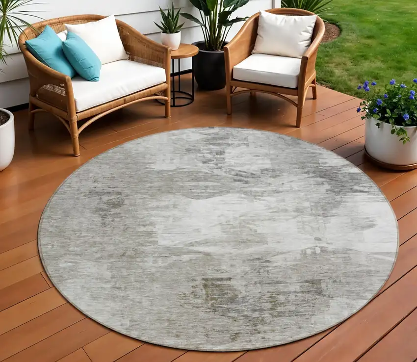 8' Beige Tan And Gray Round Abstract Washable Indoor Outdoor Area Rug Photo 1