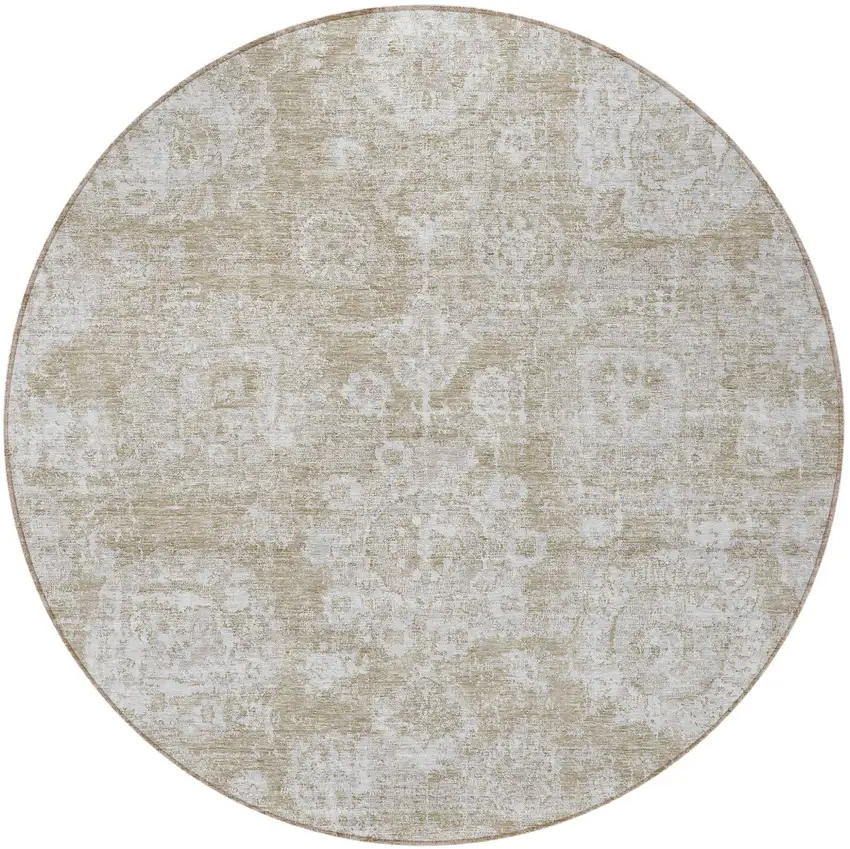 8' Beige Tan And Gray Round Floral Washable Indoor Outdoor Area Rug Photo 4