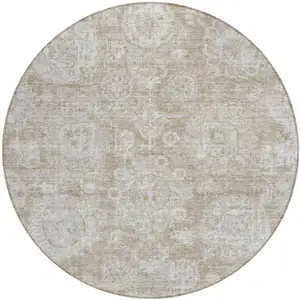 Photo of 8' Beige Tan And Gray Round Floral Washable Indoor Outdoor Area Rug