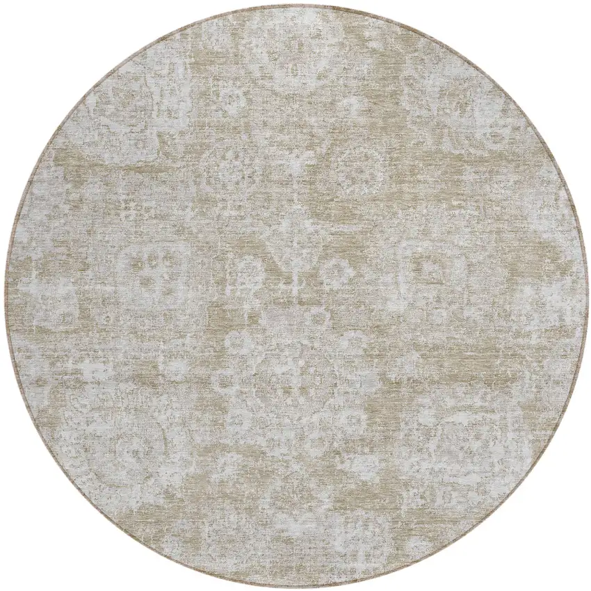 8' Beige Tan And Gray Round Floral Washable Indoor Outdoor Area Rug Photo 1