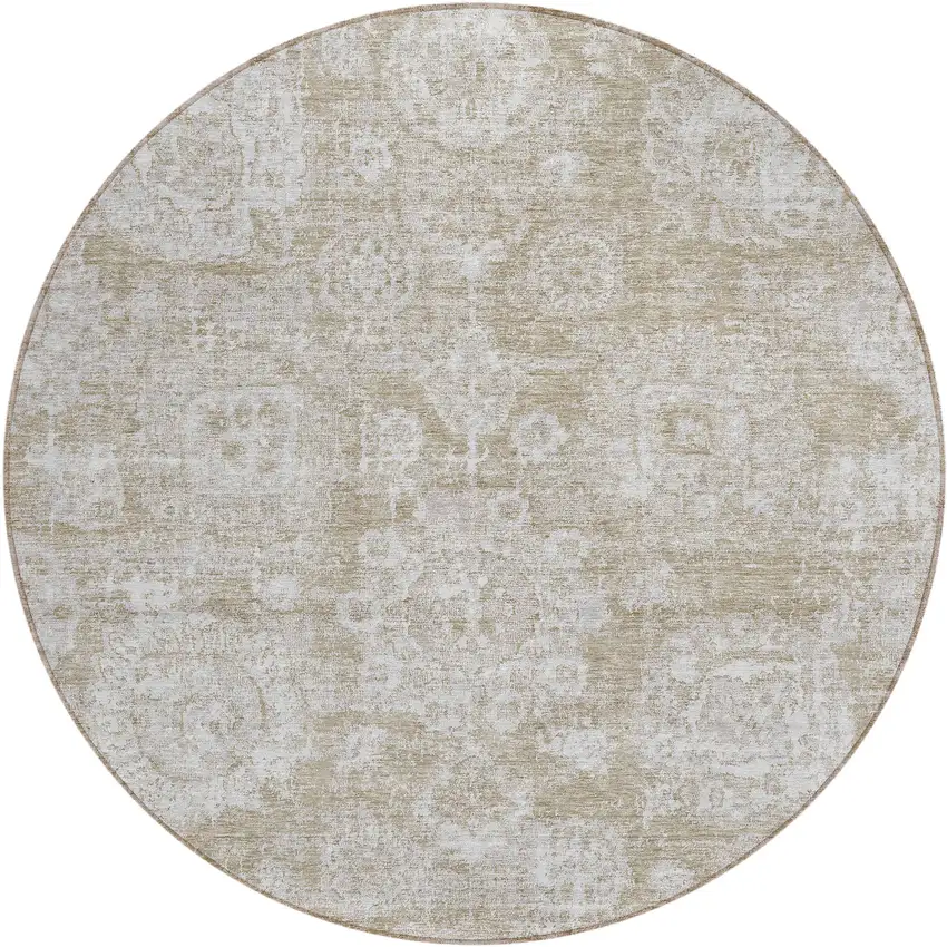 8' Beige Tan And Gray Round Floral Washable Indoor Outdoor Area Rug Photo 1