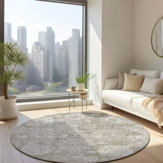 8' Beige Tan And Gray Round Floral Washable Indoor Outdoor Area Rug Photo 6